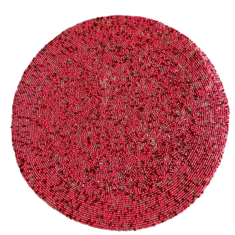 TIRAMISU Handmade Beaded 15in Round Placemat Charger Holiday Red Pink Pearl  NEW